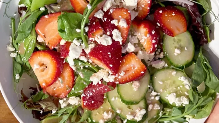 Lil Urban Farm's Recipe for a Strawberry Salad with Peas, Pea Shoots, Red Onion, Cucumber, and Feta or Goat Cheese